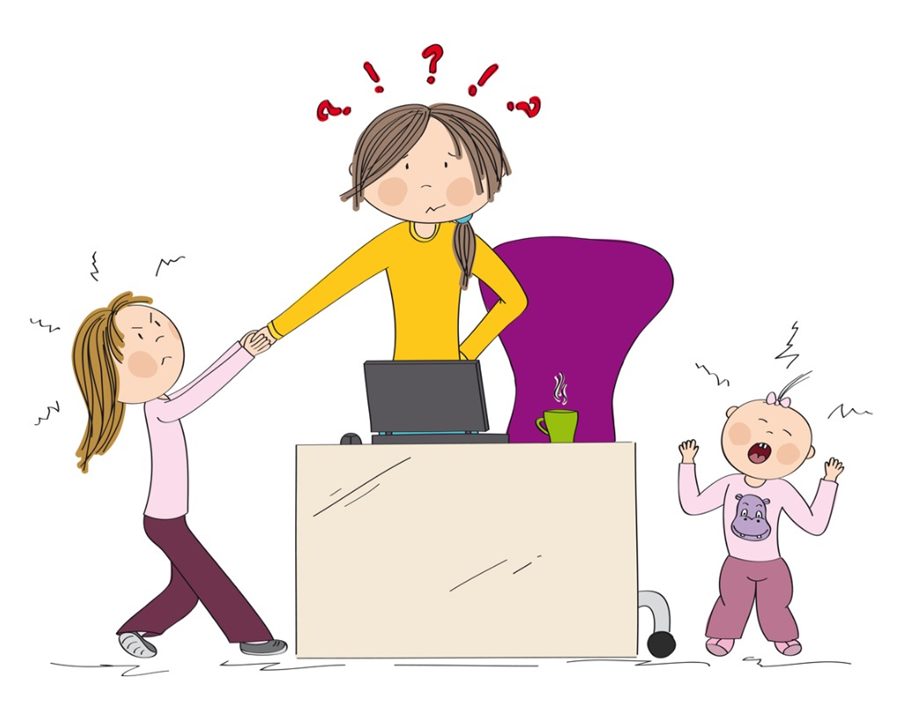 nervous wreck mom at laptop, trying to work, while kid and toddler scream